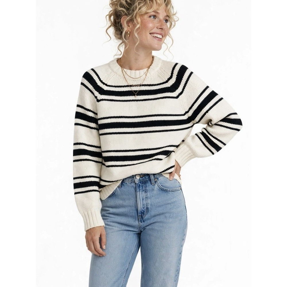 Zara Blue White Striped Knit Crewneck Casual Pullover Sweater Small Oversized